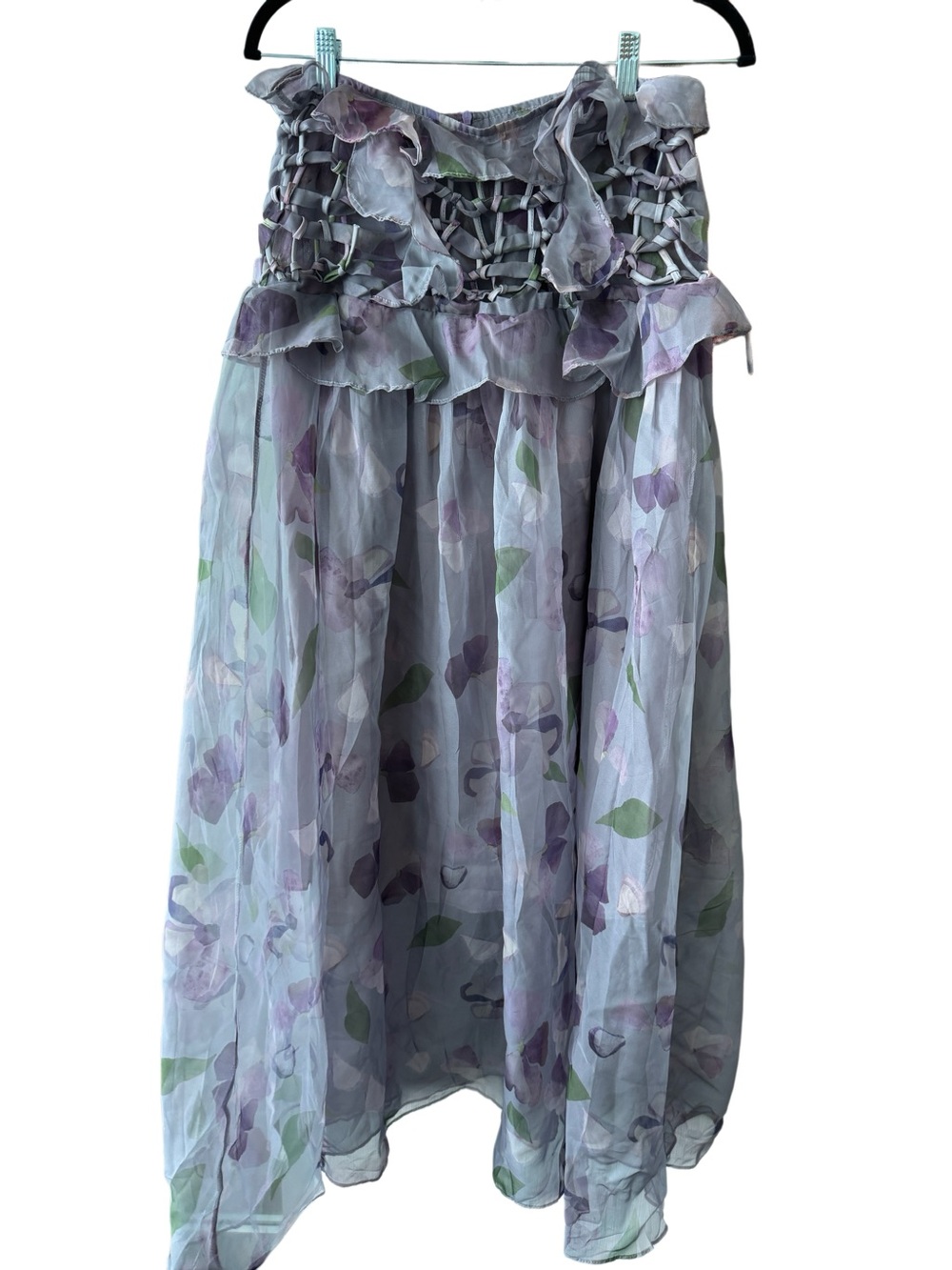 Designer-style Floral Light Blue Ruffle Maxi Skirt